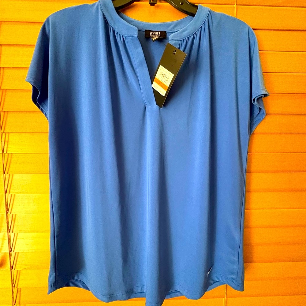 Jones New York Blue Short Sleeve Blouse Mandarin Collar/Relaxed Fit PTP 21"